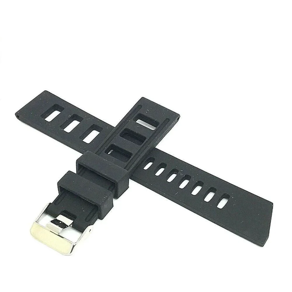 Men's Watch Band Replacement Black Rubber Strap 22mm Lug Silver Tone Buc…